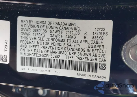 2023 Honda Civic Sport z USA, uszkodzony, nr VIN 2HGFE2F5XPH509921